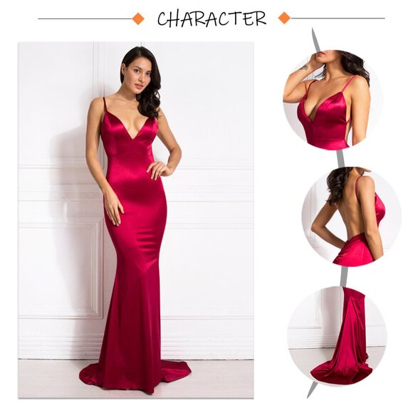 Deep V Neck Backless Ruched Long Slip Sheath Dress Evening Gown Prom - Picture 1 of 6